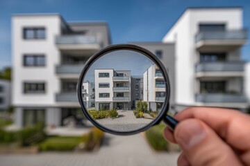 A person holding a magnifying glass, examining new modern homes. The architecture and design details are clearly visible.