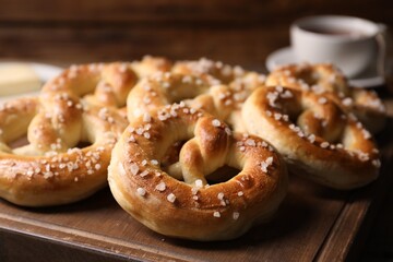 Many tasty salted pretzels on table, closeup