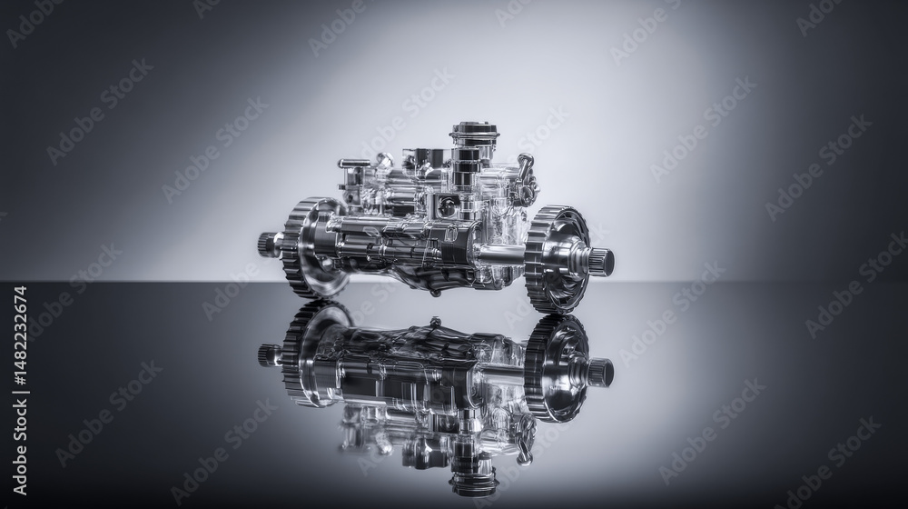 Poster a close-up of a polished engine block reflecting on a sleek surface.