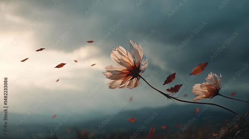 Aufkleber blowing in the wind with strong leaf in cloudy sky concept. a serene flower swaying amidst autumn le