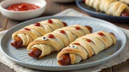 Mummy Hot Dogs with Ketchup Blood