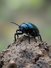 Black beetle with iridescent blue tones is standing on a pile of dung. Its segmented legs and antennae are clearly visible