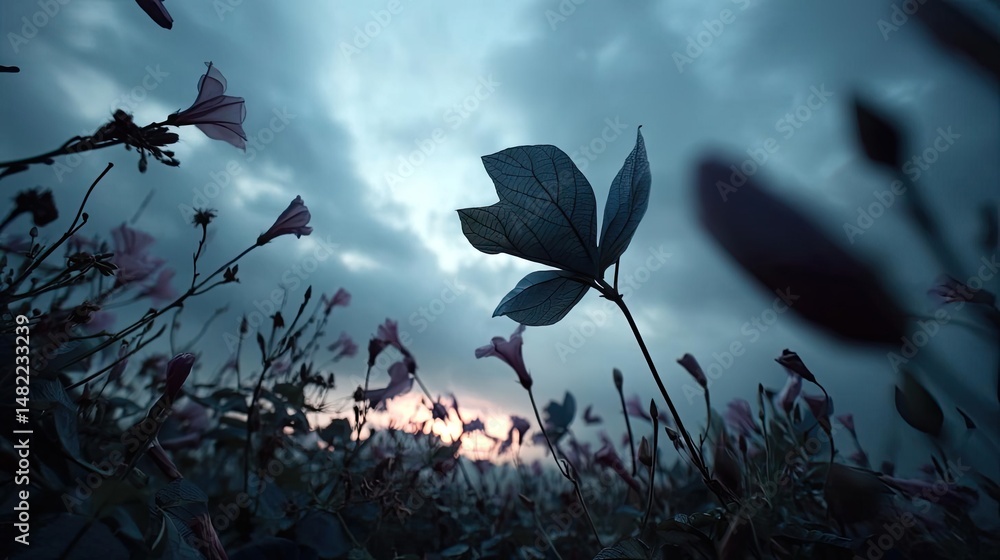 Poster blowing in the wind with strong leaf in cloudy sky concept. a close-up view of flowers against a moo