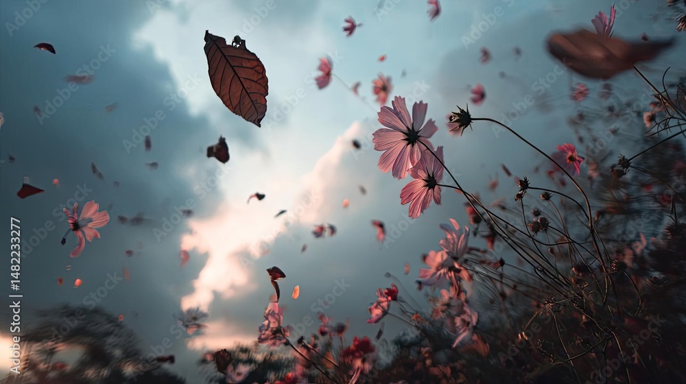 Poster blowing in the wind with strong leaf in cloudy sky concept. a beautiful scene with flowers and leave