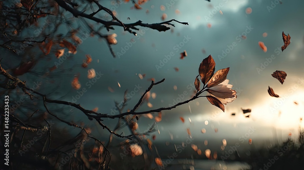 Poster blowing in the wind with strong leaf in cloudy sky concept. a branch with autumn leaves swaying in a