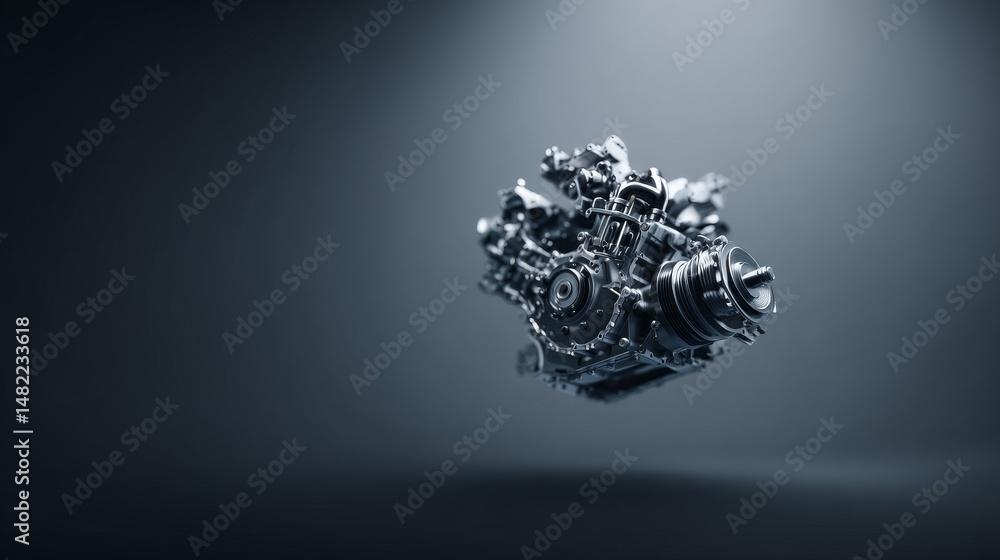 Poster a close-up view of a detailed mechanical engine component in a modern design.