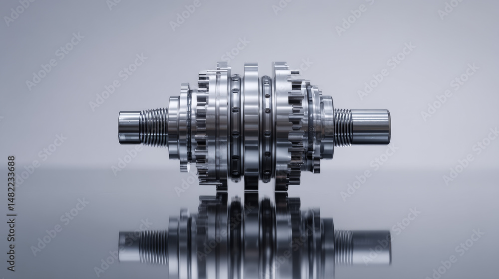 Poster a close-up view of a metallic gear component showcasing intricate design and precision.