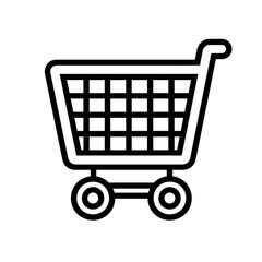 shopping cart icon, black and white, minimal line art, flat design, vector style, white background