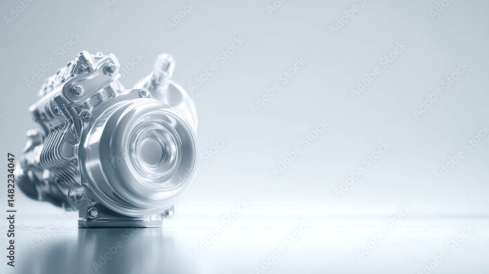 Poster a close-up view of a sleek, modern mechanical engine component on a reflective surface.