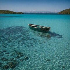 Naklejka premium A lone boat on a turquoise bay, with shimmering ripples and distant islands.