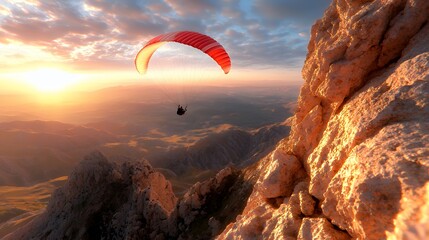 Paraglider Soaring Above Mountains at Sunset