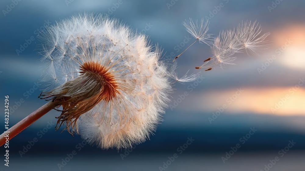 Poster blowing in the wind with torn leaves across cloudy sky concept. a close-up of a dandelion puff again