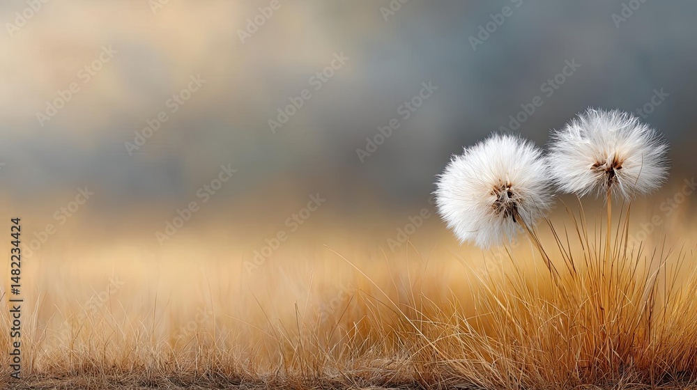 Poster blowing in the wind with torn leaves across cloudy sky concept. two dandelions in a golden field und