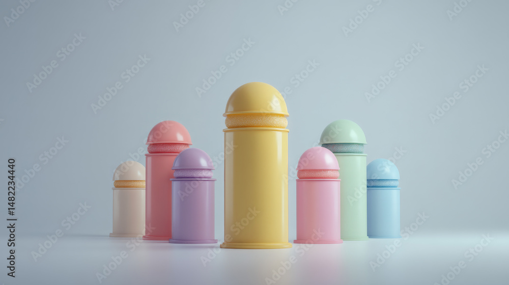 Poster a collection of colorful cylindrical objects arranged artistically on a smooth surface.
