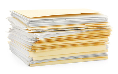 Stack of file folders with papers isolated on white