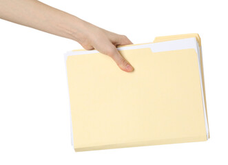 Woman holding paper file folders on white background, closeup