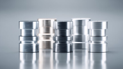 A collection of metallic cylinders in various finishes placed on a reflective surface.