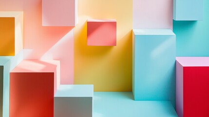 Obraz premium Colorful abstract cubes floating on pastel background with 3D geometric depth effect