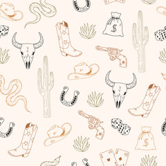 Seamless pattern with cowboy boot, hat and cacti on light background. Hand drawn vector illustration for wrapping paper, textile, fabric.