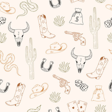 Seamless pattern with cowboy boot, hat and cacti on light background. Hand drawn vector illustration for wrapping paper, textile, fabric.