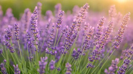 Obraz premium A Lush Field of Blooming Purple Lavender Flowers Bathed in Soft Sunlight at Dusk