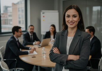 Fototapeta premium Confident businesswoman stands with arms crossed in a meeting with her team at the office