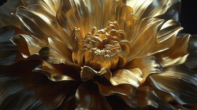 Fototapeta Elegant 3D render of a golden metal flower sculpture with intricate petals shining on isolated transparent background, luxury decorative botanical ornament for modern interior design