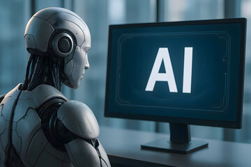A humanoid robot looking intently at a computer monitor displaying "AI". The sleek machine is focused on the screen in a blurred, futuristic indoor setting, symbolizing the intersection of AI.