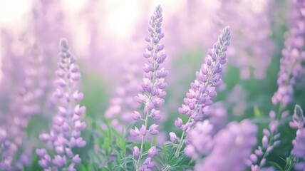 Obraz premium A Lush Field of Lupines in Purple and Pink Tones Bathed in Soft Sunlight During Spring Season