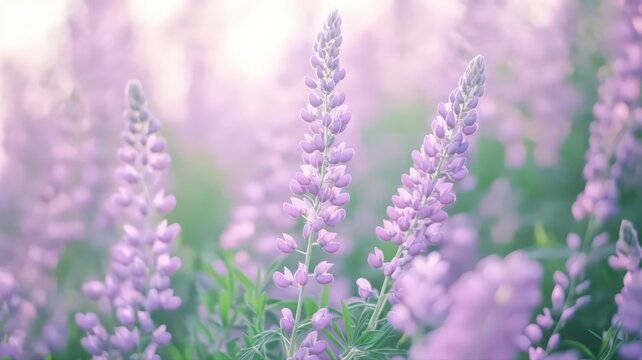A Lush Field of Lupines in Purple and Pink Tones Bathed in Soft Sunlight During Spring Season
