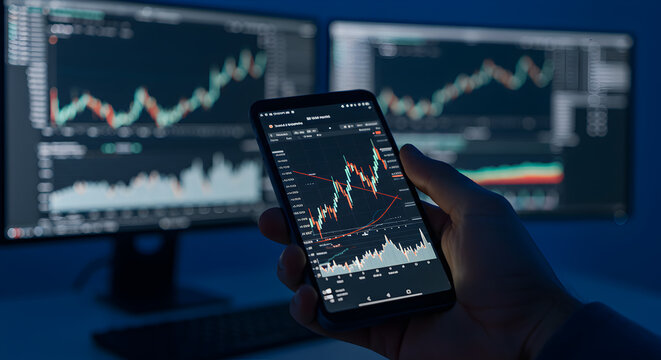Hand Holds Phone Displaying Stock Market Charts with Computer Monitor Showing Data in Blue Lighting