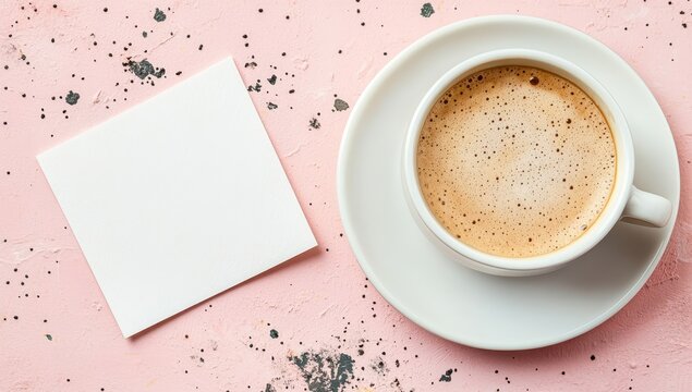 Flat lay of coffee and blank note