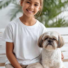 Girls casual white t-shirt mockup. Young girl sitting on bench with Shih Tzu dog nearby. Kids crewneck short sleeve tee, blank template, nature outdoors. Youth basic shirt mockup