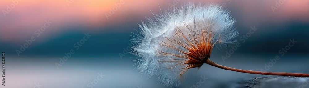 Poster blowing in the wind with torn leaves across cloudy sky concept. close-up of a delicate dandelion see