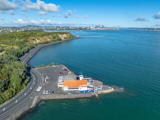 Aerial view of Auckland, New Zealand, showing the Tamaki Yacht Club. The club provides sailing and...