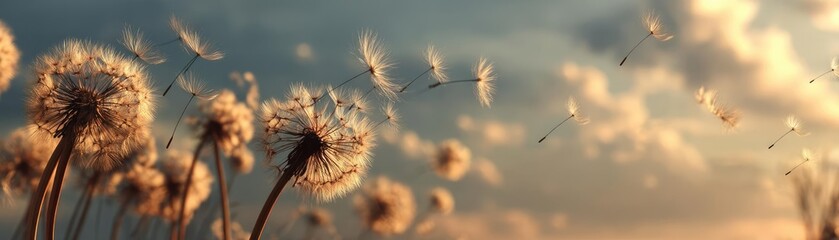 Obraz premium Blowing in the wind with torn leaves across cloudy sky concept. Dandelion seeds floating gently in a serene evening sky.