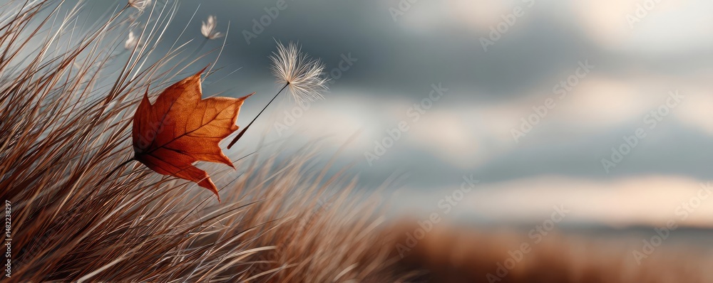 Poster blowing in the wind with torn leaves across cloudy sky concept. close-up of a leaf and dandelion in 