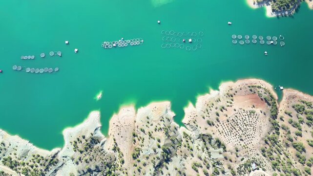 Aerial view of cage fishing industry in the dam