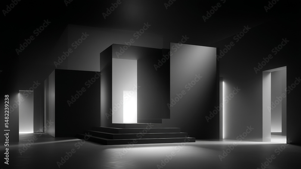 Poster a minimalist architectural space illuminated by soft light, creating a serene atmosphere.