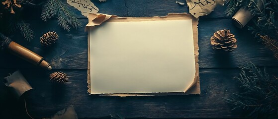 Blank paper, winter scene, rustic wood