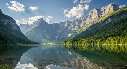 Naklejka premium Serene mountain lake reflecting sky