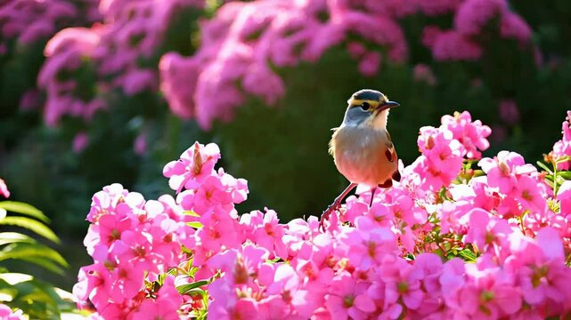Songbird sits on vibrant azaleas in foreground with lush bushes and purple spirea stretching into the sunlit background in a spring garden. Concept of nature&rsquo;s harmony and renewal