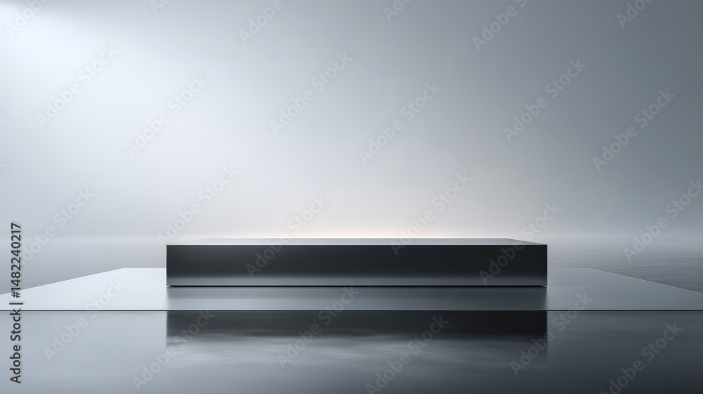Poster a minimalist stage with a reflective surface and soft lighting for visual presentations.