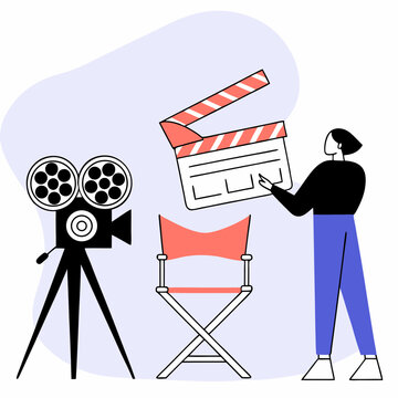 Flat vector of female film director with clapperboard and camera, in symbolic, abstract illustration for creative media