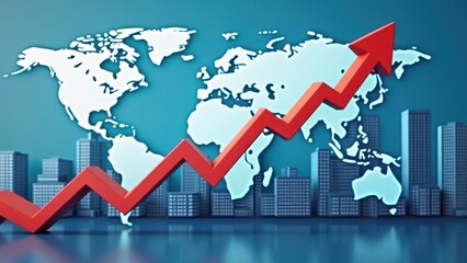 Abstract upward arrow chart with world map and city buildings in background representing real estate property price growth and index rise.