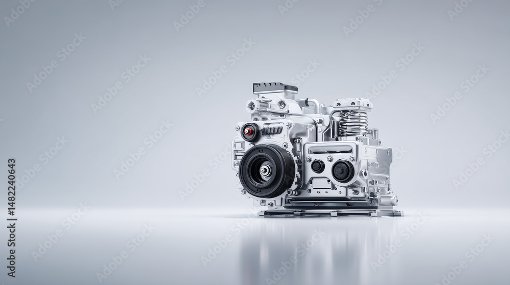 Poster a minimalistic view of a modern camera showcasing advanced features and design.