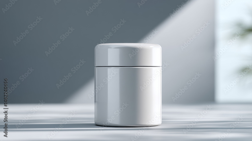 Poster a minimalistic white container displayed elegantly on a modern surface.
