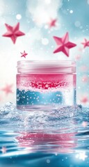 Pink and clear face cream jar on water, star-shaped sparkles