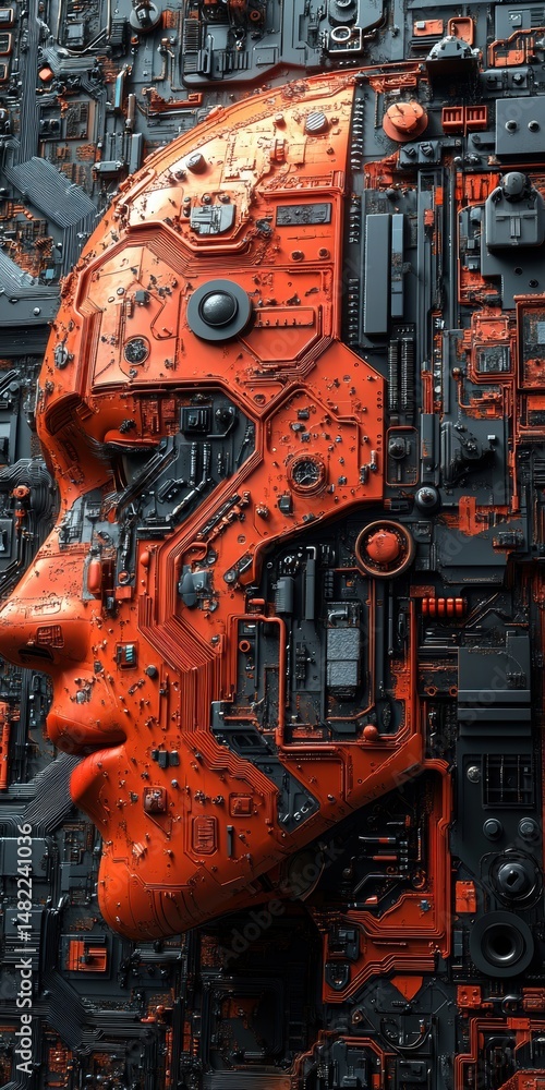 Poster cybernetic face profile with intricate internal mechanics and circuitry