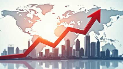 Fototapeta premium Abstract upward arrow chart with world map and city buildings in background representing real estate property price growth and index rise.